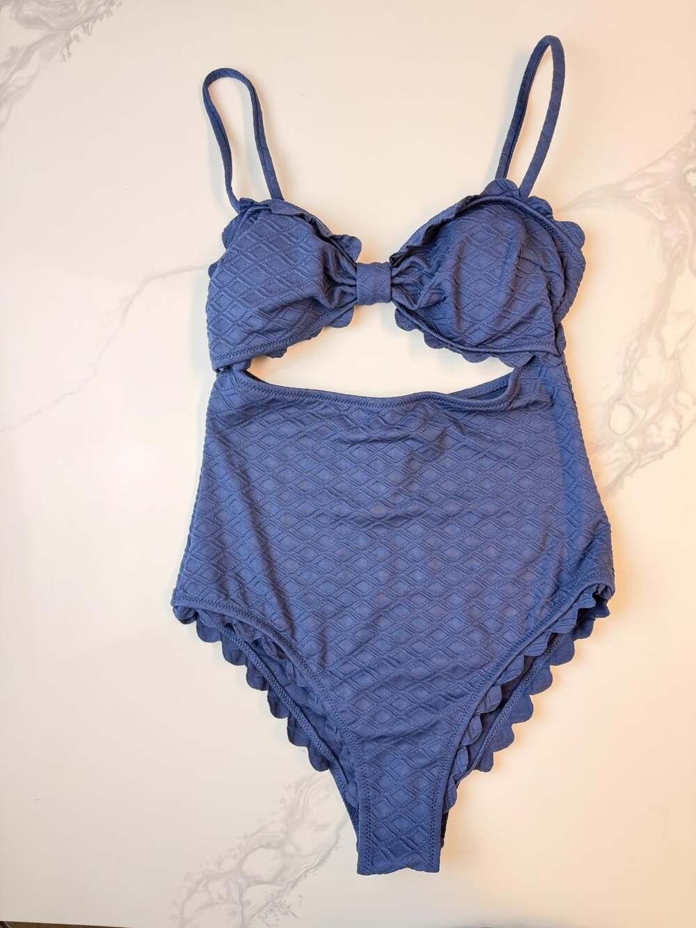CUPSHE Textured One Piece Swimsuit Blue Cutout High Waist Size S NWT